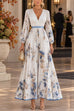 Karleedress V Neck Lantern Long Sleeves Floral Print Pleated Maxi Dress (A)