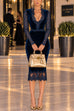 Karleedress V Neck Long Sleeves Lace Splice Velvet Midi Dress