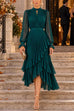 Karleedress Mock Neck Sheer Sleeve Pleated Ruffle High-Low Midi Dress (D)