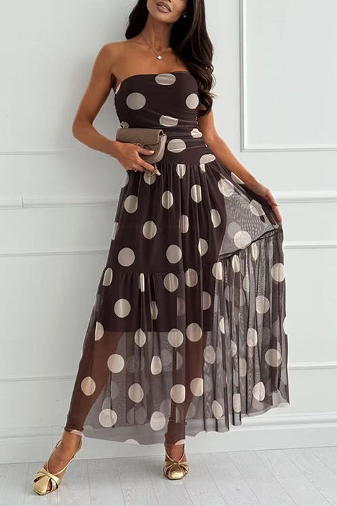 Karleedress Strapless Polka Dot Mesh Ruffle Hem Maxi Dress