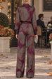 Karleedress Lapel Long Sleeves Shirt High Rise Pocketed Straight Leg Pants Paisley Print Set (B)