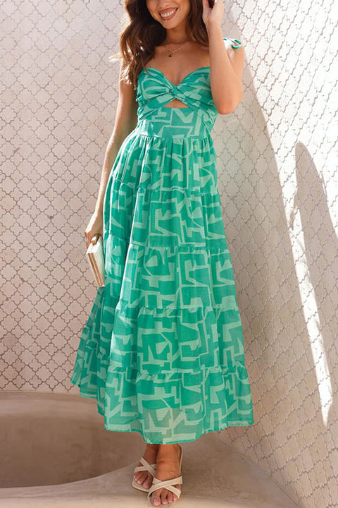 Karleedress Tie Shoulder Twist Front Printed Midi Cami Dress