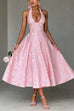 Karleedress Halter V Neck Waisted Jacquard Swing Midi Party Dress