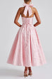 Karleedress Halter V Neck Waisted Jacquard Swing Midi Party Dress