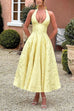 Karleedress Halter V Neck Waisted Jacquard Swing Midi Party Dress