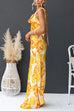 Cowl Neck Open Back Sun-Kissed Floral Satin Maxi Dress