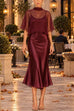Karleedress Mock Neck Chiffon Cape Overlay Satin Midi Dress Set (A)