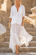 Karleedress Lapel Long Sleeves Organza Splice Ruffle Denim Maxi Dress