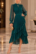 Karleedress Mock Neck Sheer Sleeve Pleated Ruffle High-Low Midi Dress (A)
