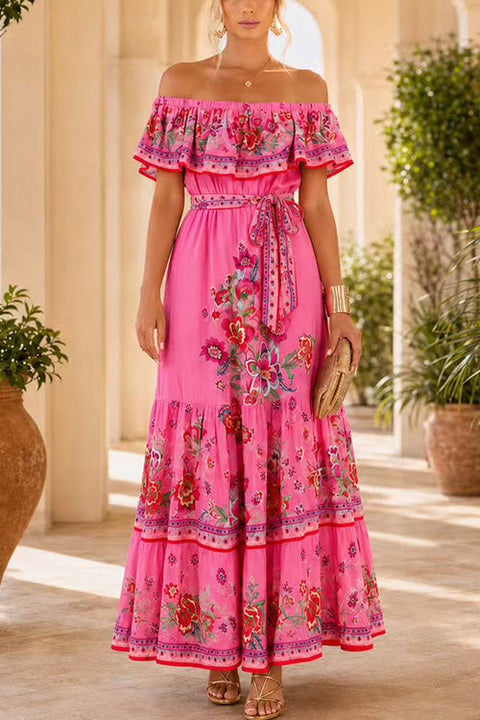 Karleedress Off Shoulder Floral Print Ruffle Tiered Maxi Dress