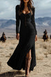 Karleedress U Neck Buttop Up Long Sleeves Ruffle Slit Maxi Dress