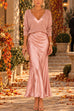 Karleedress V Neck Drop Shoulder Sweater and Satin Maxi Cami Dress Set (A)