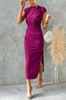 Ruched Cap Sleeve Side Slit Bodycon Midi Dress