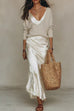 Karleedress V Neck Drop Shoulder Sweater and Satin Maxi Cami Dress Set