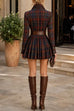 Karleedress Lapel Long Sleeves Button Up Plaid Mini Dress