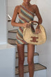 Karleedress One Shoulder Sleeveless Color Block Crochet Mini Dress