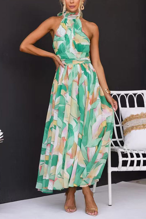 Halter Neck Open Back Waisted Printed Maxi Dress