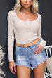 Long Sleeves Button Up Curve Hem Ribbed Knit Top