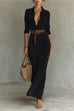 Karleedress Long Sleeves Button Up Faux Suede Belted Maxi Dress