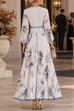 Karleedress V Neck Lantern Long Sleeves Floral Print Pleated Maxi Dress (A)