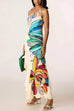 One Shoulder Sleeveless Floral Print Ruffle Hem Maxi Dress