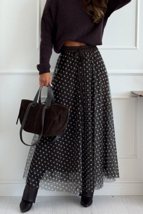 Drawstring Waist Polka Dot Tulle Maxi Skirt