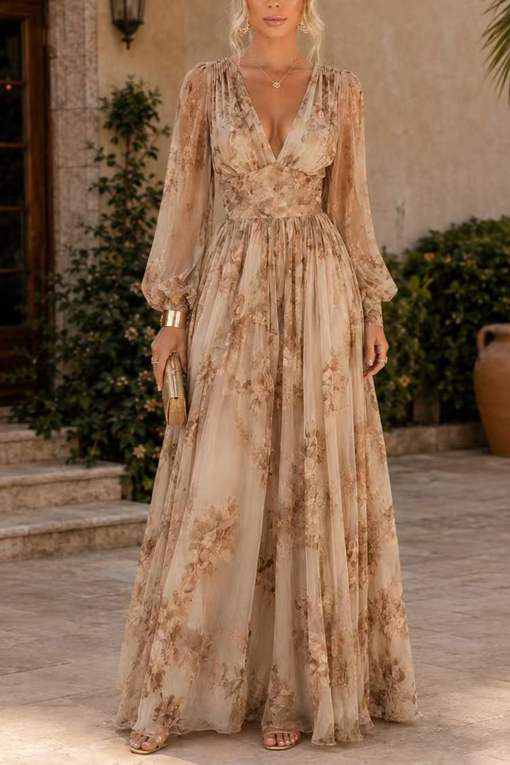 Karleedress Puff Long Sleeves Waisted Floral Print Maxi Dress