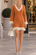 Karleedress V-Neck Contrast Trim Fringe Knit Sweater Dress (A)