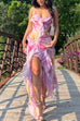 Karleedress V Neck Backless Ruffle Trim Slit Floral Print Maxi Cami Dress