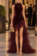 Karleedress Mock Neck Ruched Velvet & Tulle High-Low Maxi Dress