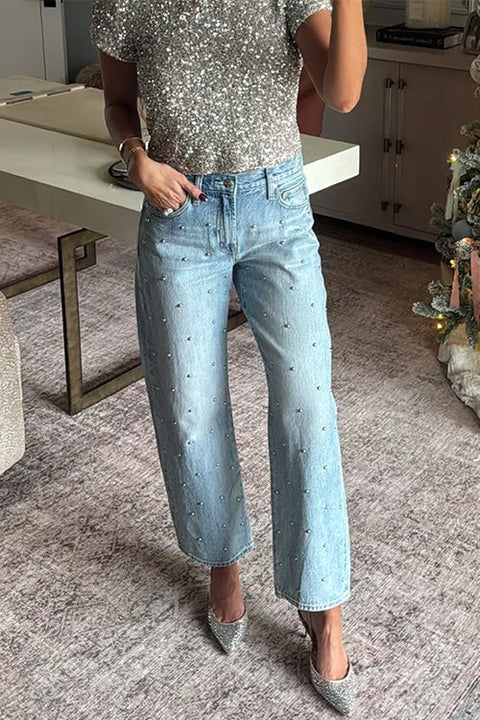 Karleedress Rhinestone Embellished Pocketed Straight Leg Pants