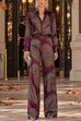 Karleedress Lapel Long Sleeves Shirt High Rise Pocketed Straight Leg Pants Paisley Print Set (A)