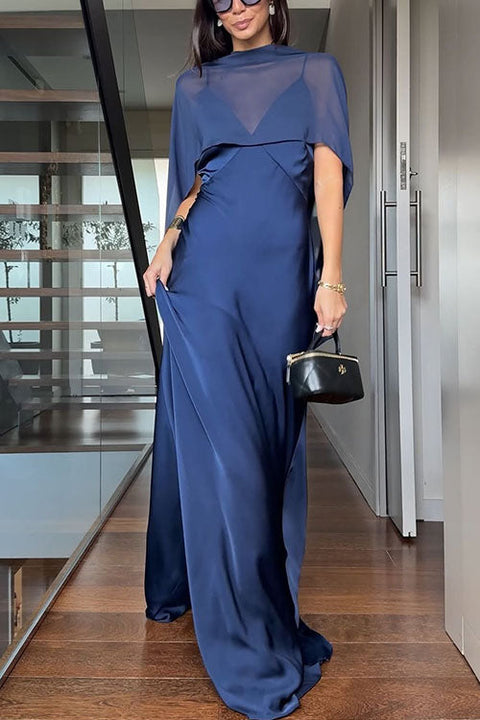 V Neck Spaghetti Strap Backless Satin Maxi Party Dress