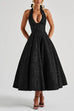 Karleedress Halter V Neck Waisted Jacquard Swing Midi Party Dress