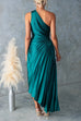 Karleedress One Shoulder Cut Out Waist Pleated Satin Maxi Dress