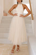 Karleedress Halter Open Back Waisted Tulle Midi Dress