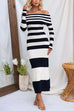 Off Shoulder Long Sleeves Striped Ribbed Knit Maxi Dress