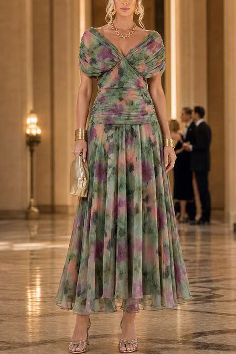 Karleedress V Neck Ruched Floral Print Maxi Dress
