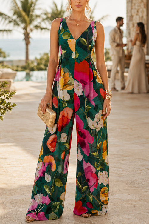 V Neck Sleeveless Floral Print Wide Leg Jumpsuit