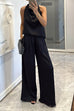 Cowl Neck Sleeveless Top and Wide Leg Pocketed Pants Satin Set