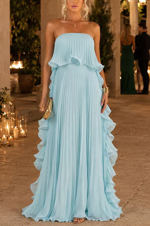 Karleedress Strapless Tube Ruffle Pleated Swing Maxi Dress