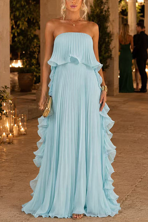 Karleedress Strapless Tube Ruffle Pleated Swing Maxi Dress