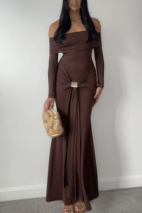 Off Shoulder Long Sleeves Metal Buckle Knot Detail Maxi Dress