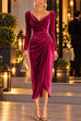 Karleedress Cowl Neck Gold Accent Ruched Velvet Midi Dress