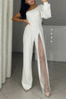 Karleedress Stylish One Shoulder Slit Long Sleeve Mesh Splice Wide Leg Jumpsuit