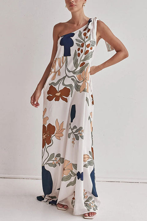 Karleedress Tie Knot One Shoulder Floral Print Maxi Dress