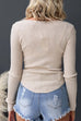 Long Sleeves Button Up Curve Hem Ribbed Knit Top
