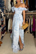 Off Shoulder Tie Waist High Slit Floral Print Ruffle Maxi Dress