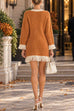 Karleedress V-Neck Contrast Trim Fringe Knit Sweater Dress (A)