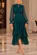 Karleedress Mock Neck Sheer Sleeve Pleated Ruffle High-Low Midi Dress (C)